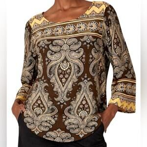 Bob Mackie Top Large Yellow Brown Pullover Tunic Wearable Art Boho Artsy Light